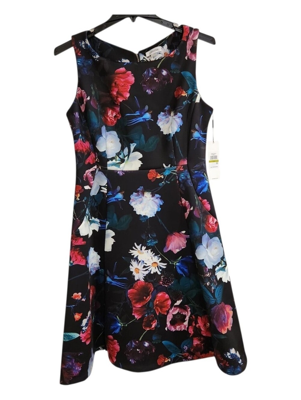Calvin Klein NWT Size 14 Black Multi Floral Watercolor Scuba Fit & Flare Dress